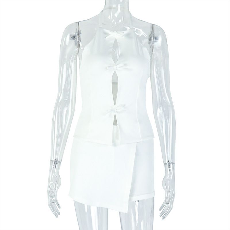 Completo due pezzi da donna, elegante, sexy, alla moda, con canotta traforata, gonna aderente e tinta unita_voghion.com