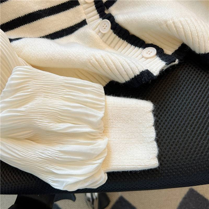 Damenbekleidung Design Sense Splicing Gestreifte Strickjacke Puffärmel Chiffonpullover Kurz Chic Zweiteiler Top Frühling_voghion.com