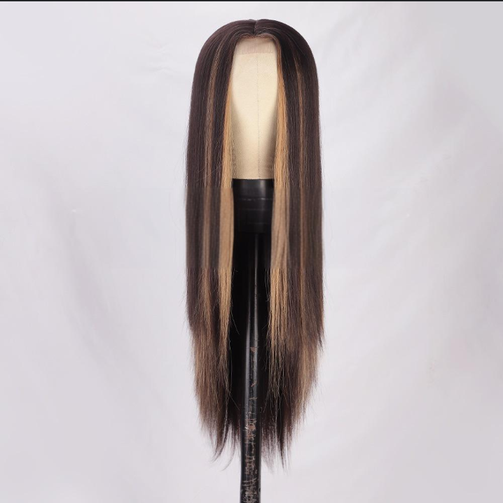 Unisex parykker til kvinder, langt glat hår, pandehår med syntetiske fibre, lille blonde pianofarvet paryksæt med highlights_voghion.com