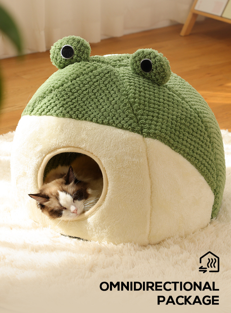 Nido per gatti con piccola rana, semi-chiuso, caldo in peluche per autunno e inverno, nido per cani_voghion.com