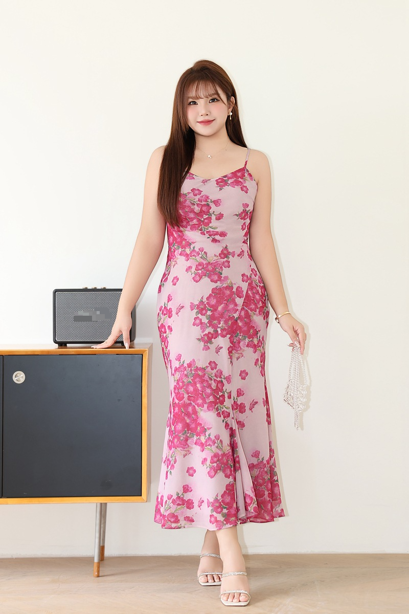 Vestido de mujer Rouge con estampado floral, corte al bies, cola de pez, cruzado en la cadera, talla grande, con tirantes y estampado francés_voghion.com