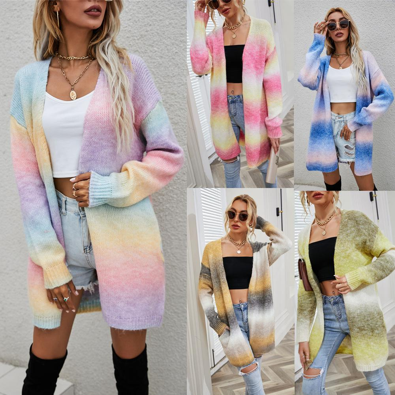 Women's Rainbow Tie-Dye Longline Cardigan Sweater - Oversized Boho Knit Open Front Coat With Batwing Sleeves_voghion.com