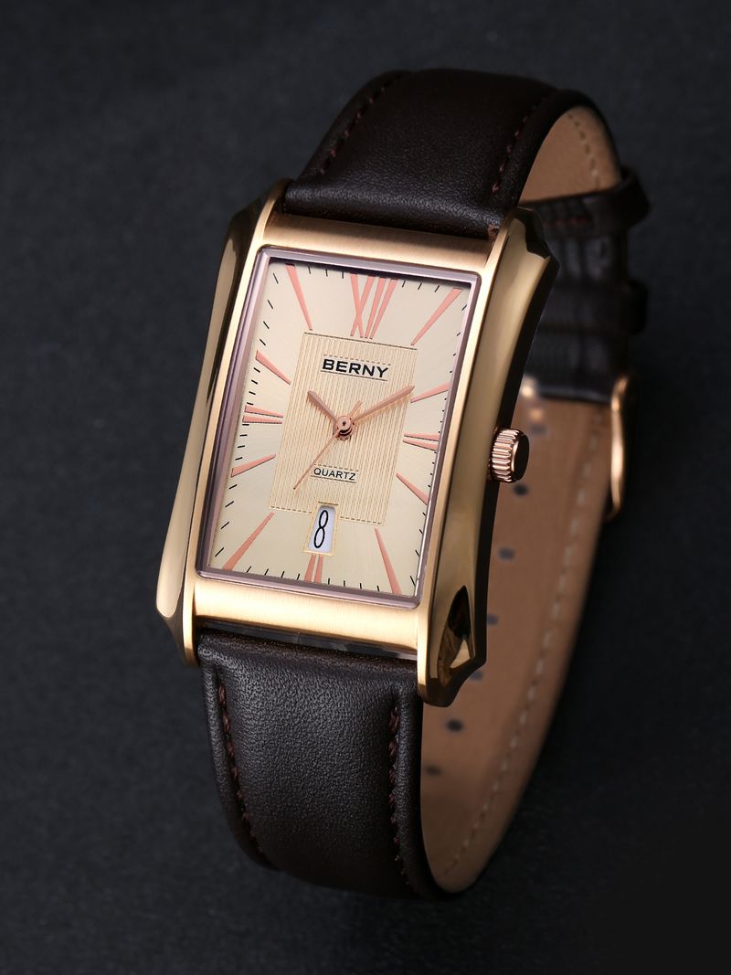 BERNY Men's Leather Watch Vintage Stainless Steel Rectangular Case Roman Dial Dress Analog Watch With Date Waterproof Classic Quartz Wrist Watches_voghion.com
