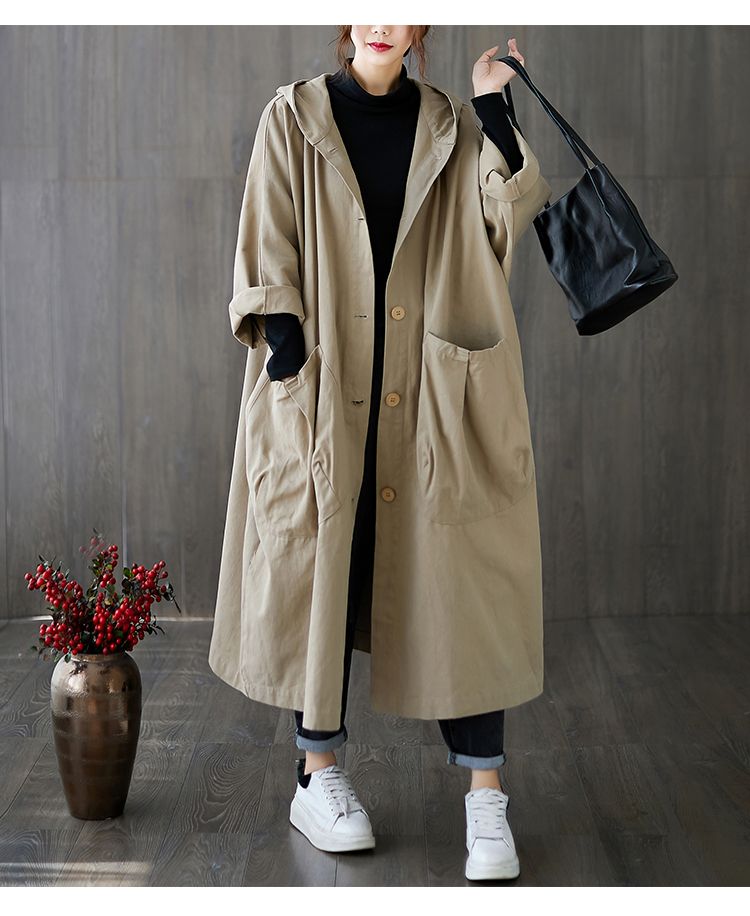 Elegant Oversized Hooded Trench Coat For Women – Long Knee-Length Design With Large Pockets, Casual & Office Wear, Available In 5 Classic Colors_voghion.com