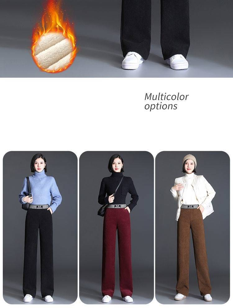 Pantaloni da donna a vita alta in velluto a coste con gamba larga - Pantaloni invernali spessi e foderati in pile, con taglio dritto e drappeggio fluido_voghion.com