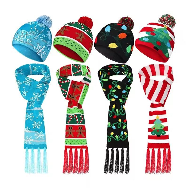 Julmössa/halsduk/utomhusdräkt/julmössa/barn/färgglad halsduk med pälsboll/hatt/LED-färgat ljus_voghion.com