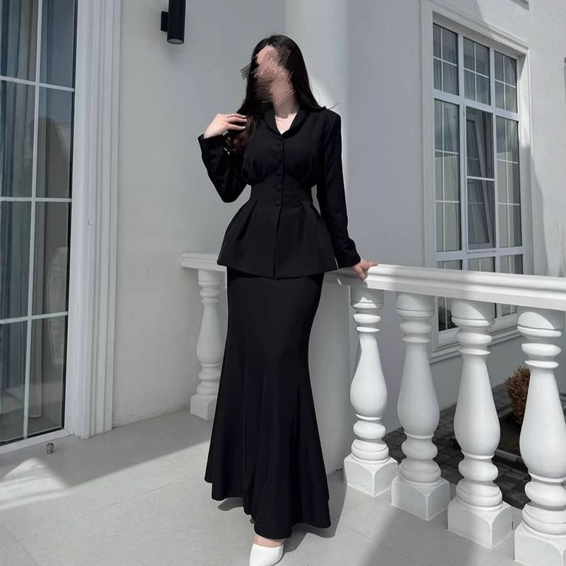 Elegante completo con gonna a coda di pesce su misura da donna - Elegante abito da ufficio a vita alta con camicetta, comodo poliestere, abbigliamento da lavoro autunnale_voghion.com