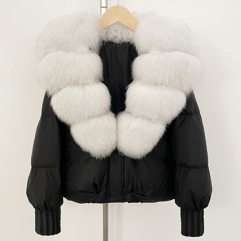 Luxury Oversized Fox Fur Trim Short Down Jacket For Women - Winter Warm Coat With Detachable Hood, 90% White Duck Down, Loose Fit, Stylish_voghion.com