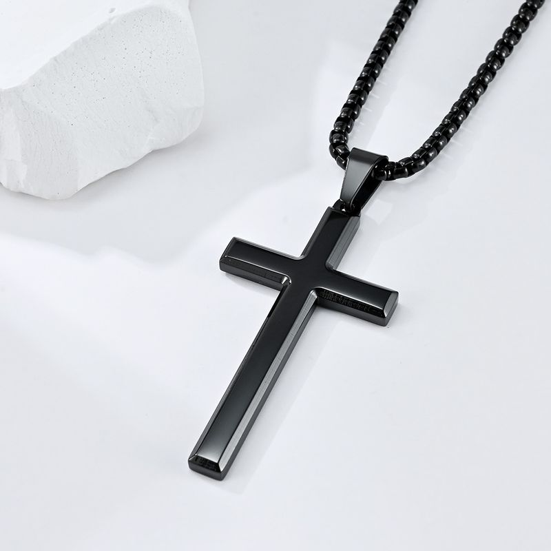 Collana con ciondolo a croce in acciaio inossidabile smussato semplice da uomo, stile neutro, personalità di nicchia_voghion.com
