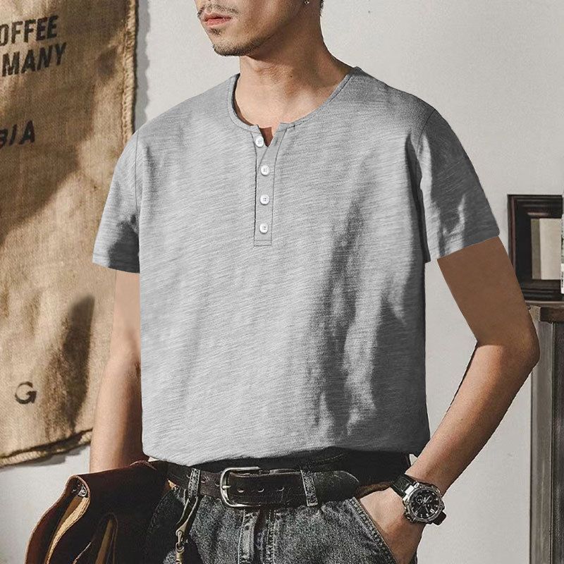 Maglietta da uomo in bambù, casual, estiva, con colletto Henley, stile americano, taglie forti, a maniche corte, con bottoni_voghion.com