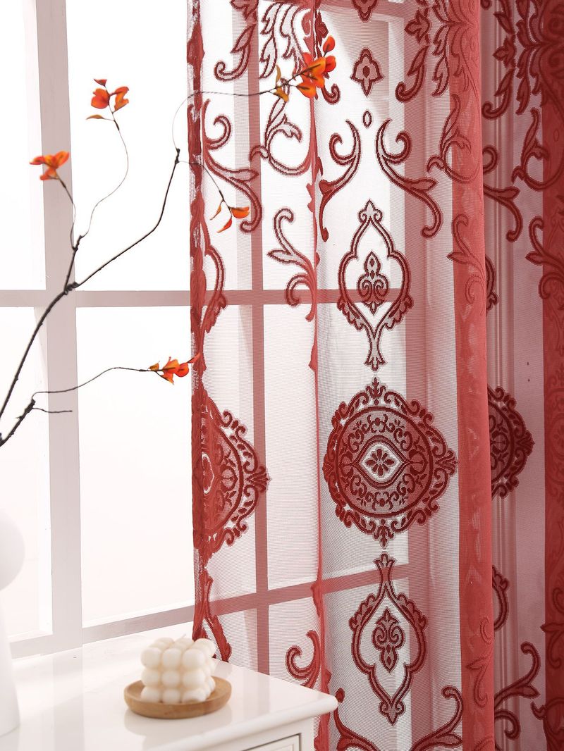 Coin-Pattern Lace Curtains – Semi-Sheer Polyester Window Treatments For Living Room, Bedroom & Kitchen (Red/Beige/White, Multiple Sizes)_voghion.com