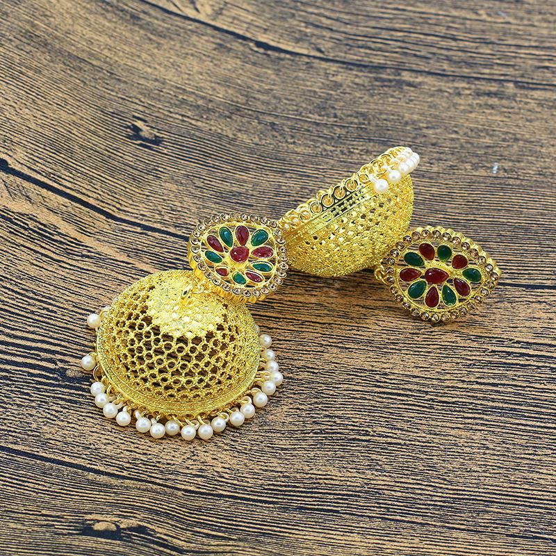 Orecchini pendenti Jhumka con campanelle dorate indiane arabe per donne Boho intagliati a forma di fiore Thailandia Egitto Piercing orecchino festa gioielli regalo_voghion.com