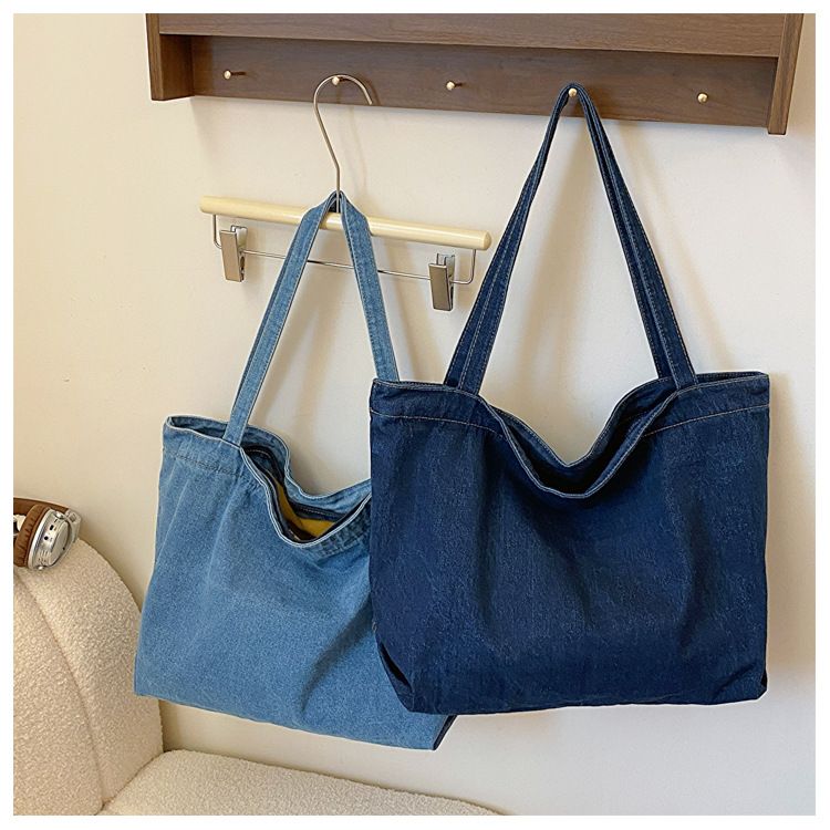 Denim Bag Women's Shoulder Bag Large Capacity Solid Color Washed Denim Bag Student Commuter Shoulder Bag Female Art Casual Handbag_voghion.com