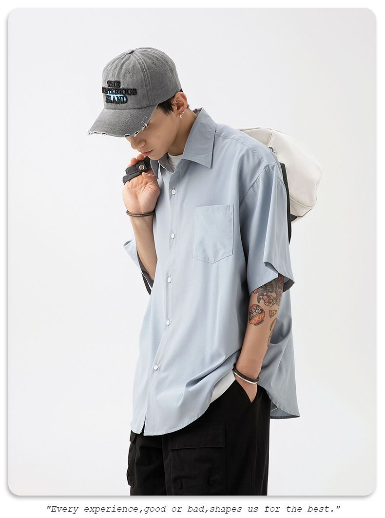 Men's Lightweight Drape Short Sleeve Shirt - Summer Casual Linen-Like Oversized Shirt For Couples (Pink/Black/Blue/Beige)_voghion.com