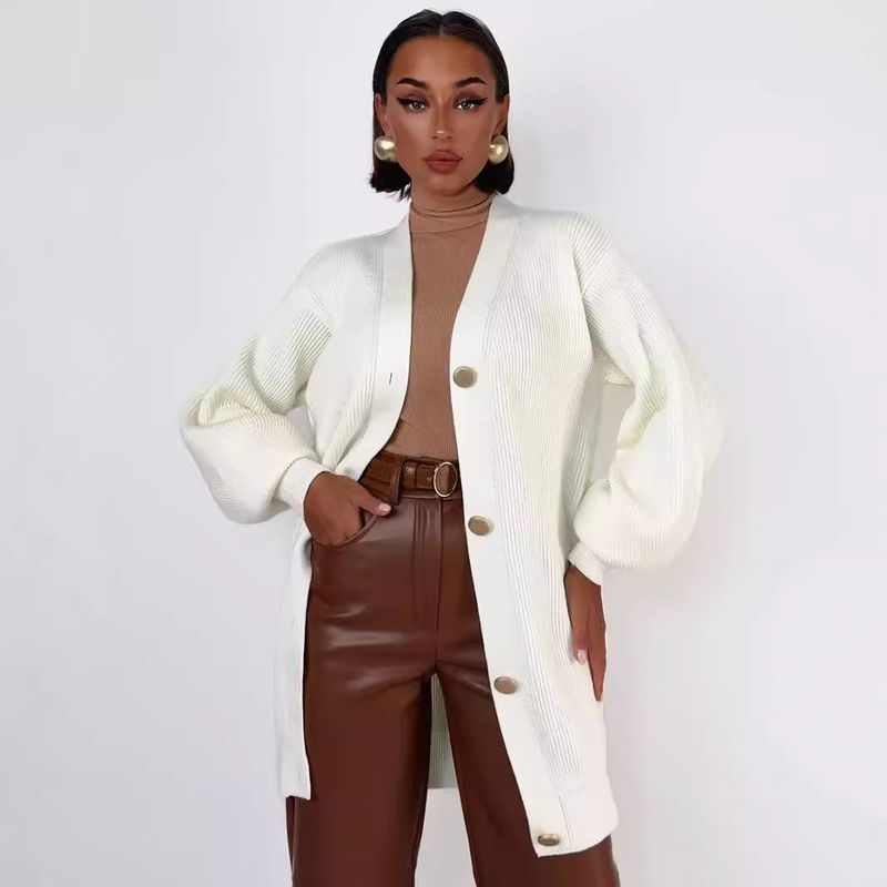 Mittellange bis lange Pulloverjacke für Damen, einfarbig, lässig, vielseitig, locker, V-Ausschnitt, Frühherbst-Strickjacke für Damen_voghion.com