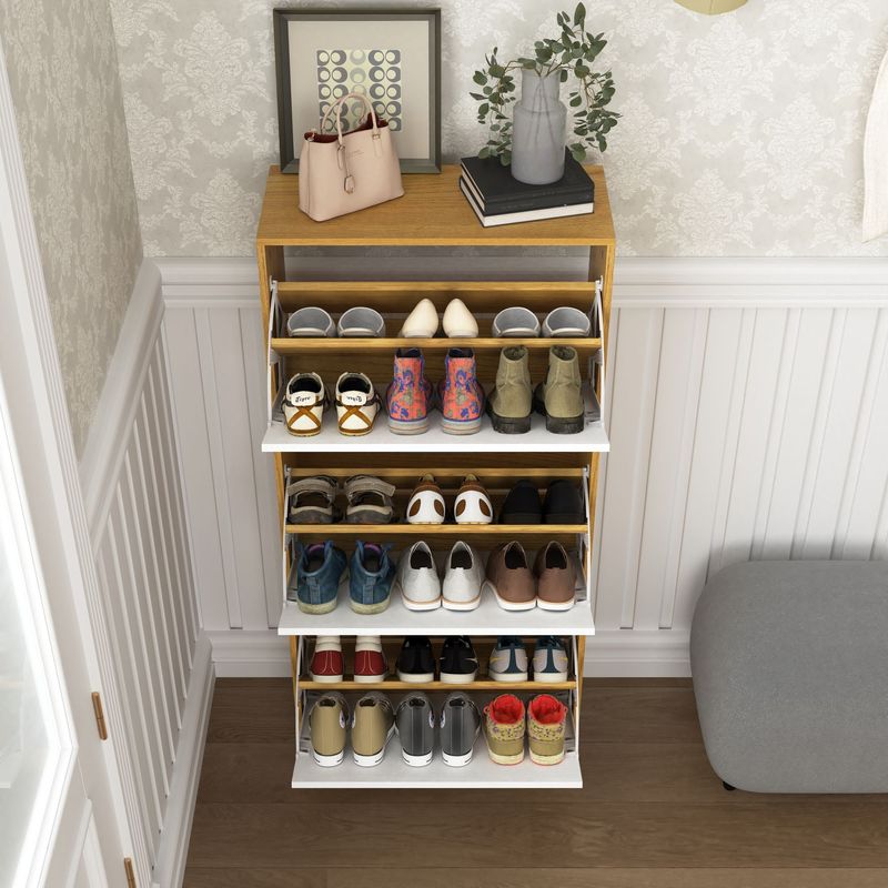 Shoe Storage Cabinet With 3 White Panel Flip Drawers, Freestanding Organizer For Entryway, Narrow Shoe Rack Cabinet_voghion.com