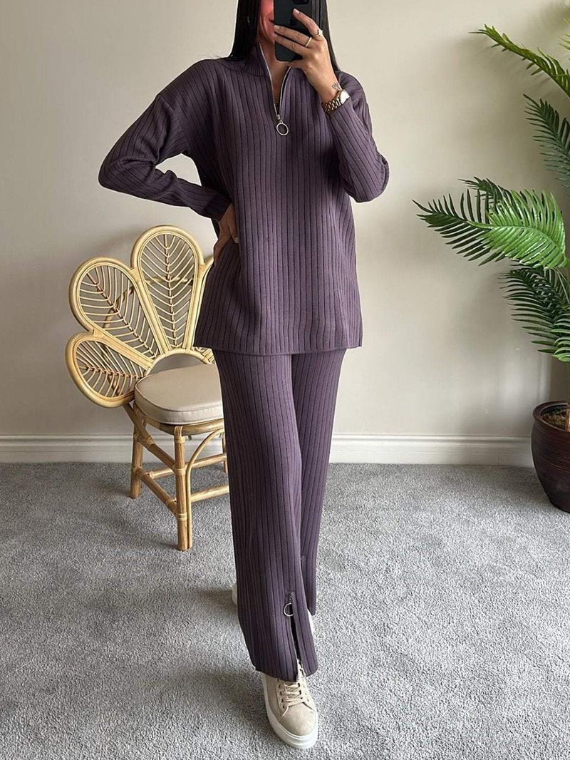 New Women's Solid Color Zipper Knitted Suit High Collar Ribbed Two-piece Suit_voghion.com