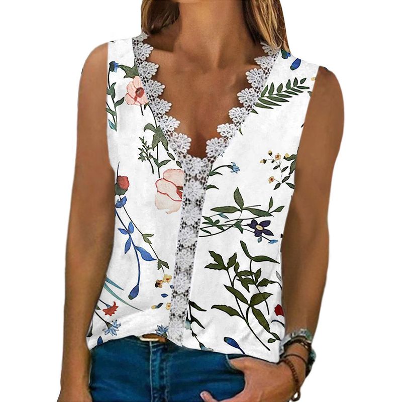 2023 Women's Spring And Autumn New Tank Top Comfortable Casual Lace V-neck Printed T-shirt For Women_voghion.com