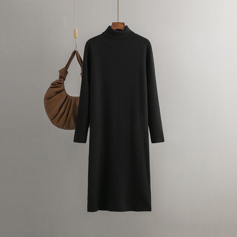 Women's Padded Loose High Neck Solid Colour Bottom Sweater Dress Knitted Dresses_voghion.com