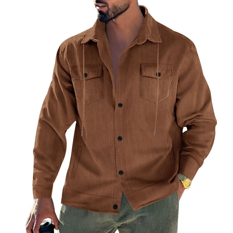 Adatto a tutte le stagioni, in vendita autunnali, da uomo, in stile americano, con tasche, in velluto a coste, a maniche lunghe, con colletto rovesciato e ampio risvolto._voghion.com