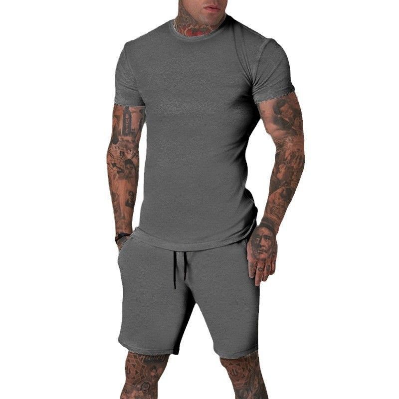 CT Hot Selling Solid Color T-Shirt + Five-Point Men's Summer Short Sleeve Shorts Set Breathable Style_voghion.com