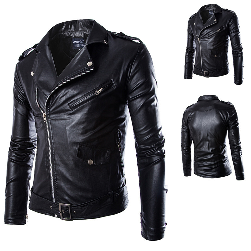 Mauroicardi Spring Cool Black Leather Biker Jacket Mens Zipper Long Sleeve Belt Autumn Soft Leather Jackets for Men_voghion.com