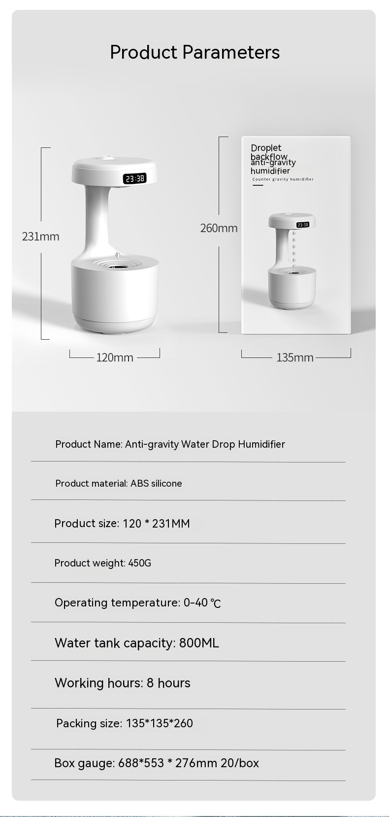 Umidificador de ar 800ML para casa com gotas de água antigravidade_voghion.com