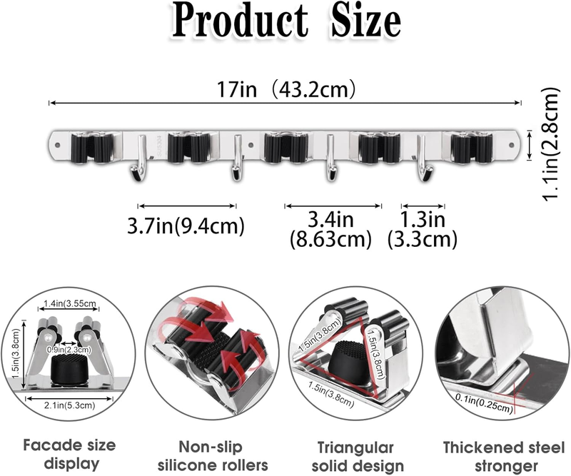 Stainless steel 5 shelves and 4 hooks mop and broom holder wall mounted_voghion.com