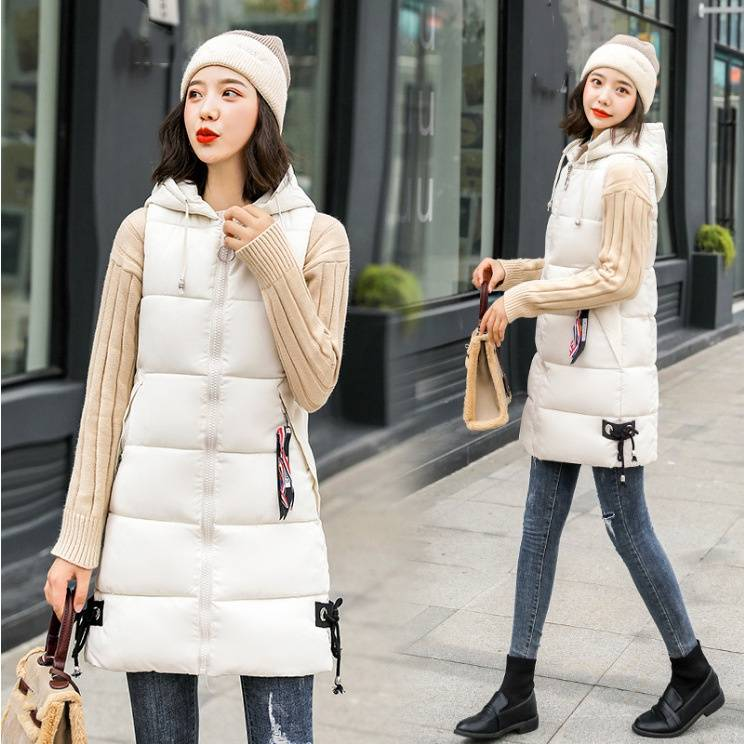 Damenbekleidung lockere mittellange Baumwollweste Damen dicke warme Baumwollweste mit Kapuze_voghion.com