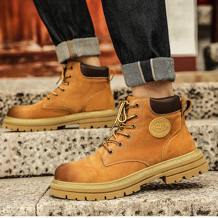 Pánské vysoké pracovní boty, podzimní boty, velké žluté boty, boty s velkou špičkou, párové boty_voghion.com