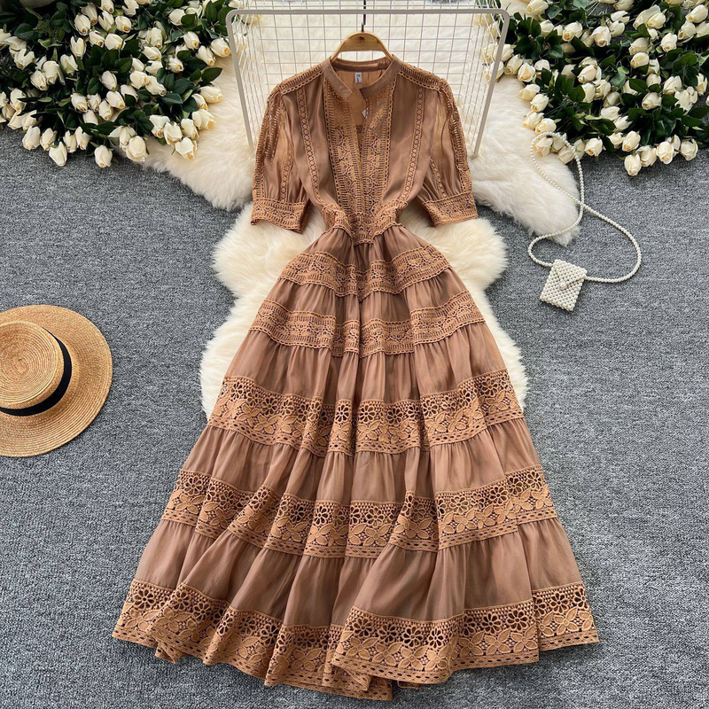 Women's Clothing retro palace style dress slim waist and elegant puff sleeves lace stitching and long swing dress_voghion.com