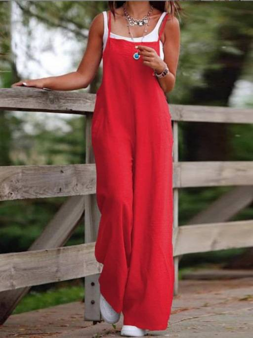 Women's Sleeveless Plus Size Jumpsuit Summer Overalls Cotton Linen Loose Pocket Wide Leg Pants Casual One Piece Sling Long Pants_voghion.com