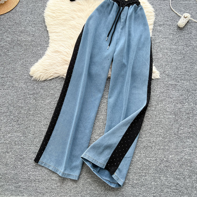 Retro sommerantrekk i Hong Kong-stil - Patchwork-topp med korte ermer og høylivede jeans med vide ben i to deler | Vintage Casual Chic_voghion.com