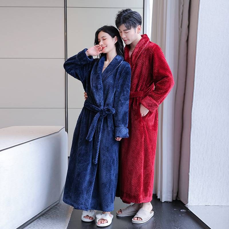 Weicher Flanell-Bademantel für Damen und Herren – gemütlicher Winterbademantel mit Taschen, warme Loungewear, Homewear im Spa-Hotel-Stil, Unisex-Schlafbekleidung_voghion.com