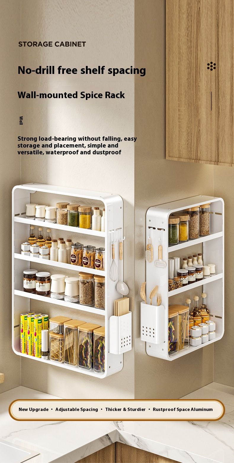 Space Aluminum Wall-Mounted Spice Rack – No-Drill Kitchen Organizer For Oil Bottles, Salt & Condiment Jars (Lightweight, Rustproof, Expandable)_voghion.com