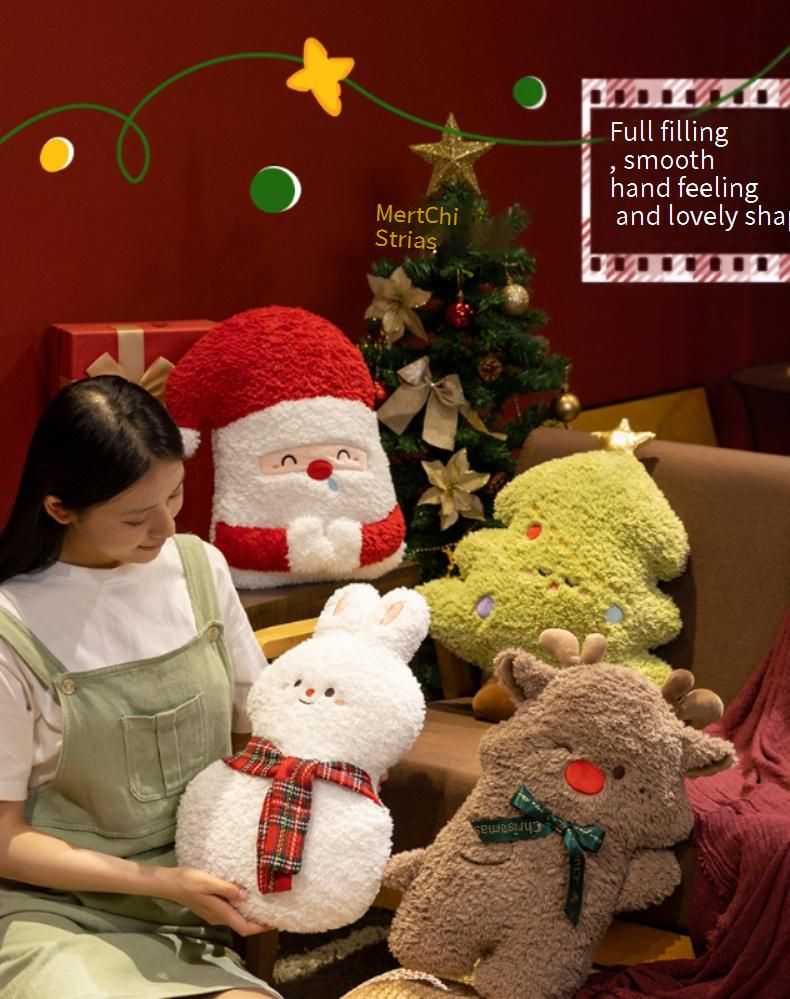 Noel Tatili Dekoratif Yastık Kılıfı - Noel Baba, Ren Geyiği, Noel Ağacı ve Kar Tavşanı Peluş Yastık (40-45 cm)_voghion.com
