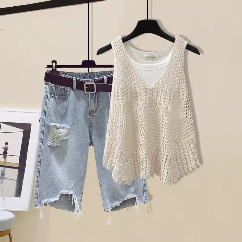 Women's Clothing Summer Outfit With A Complete Set Of Women's New Light Luxury Design Hollow Vest Vest Hole Shorts Three Piece Set_voghion.com