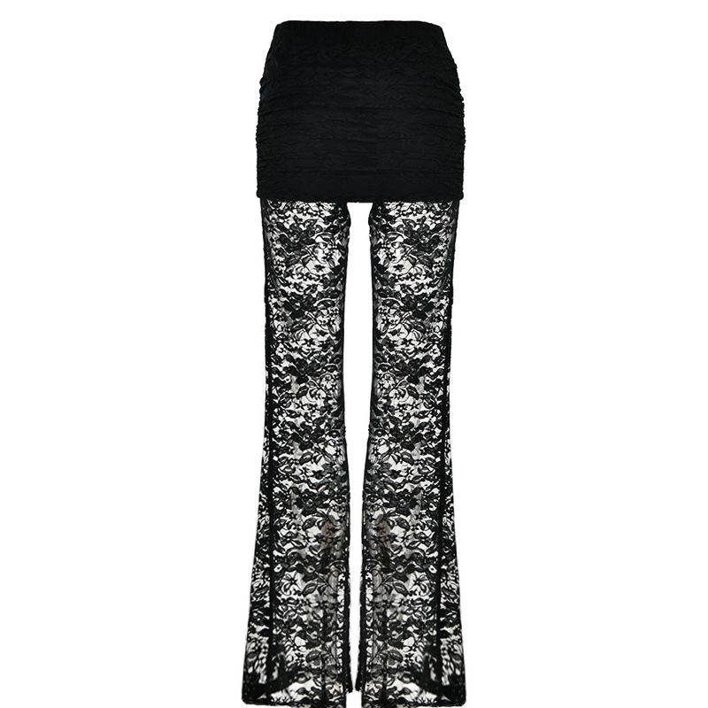 Women's Clothing New Fashion Sexy Versatile Pants Lace Splicing Slim See Through High Waist Flared Pants For Women_voghion.com