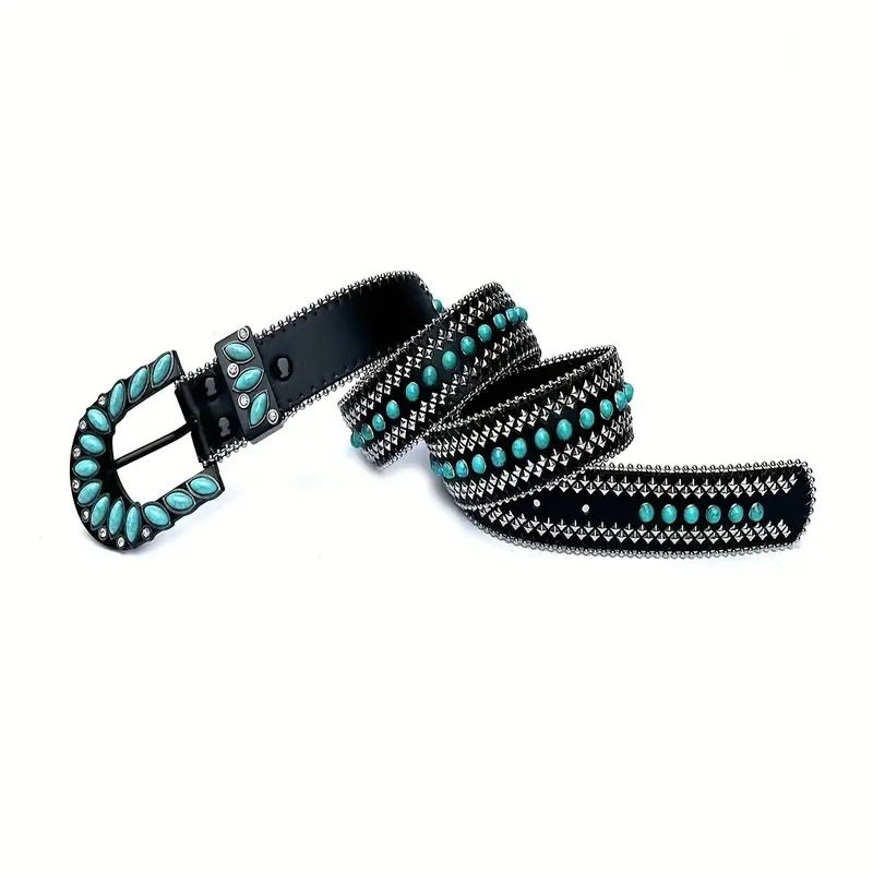 Cintura in denim alla moda punk Y2K con strass, stile bohémien, intarsiata con strass per uomo_voghion.com