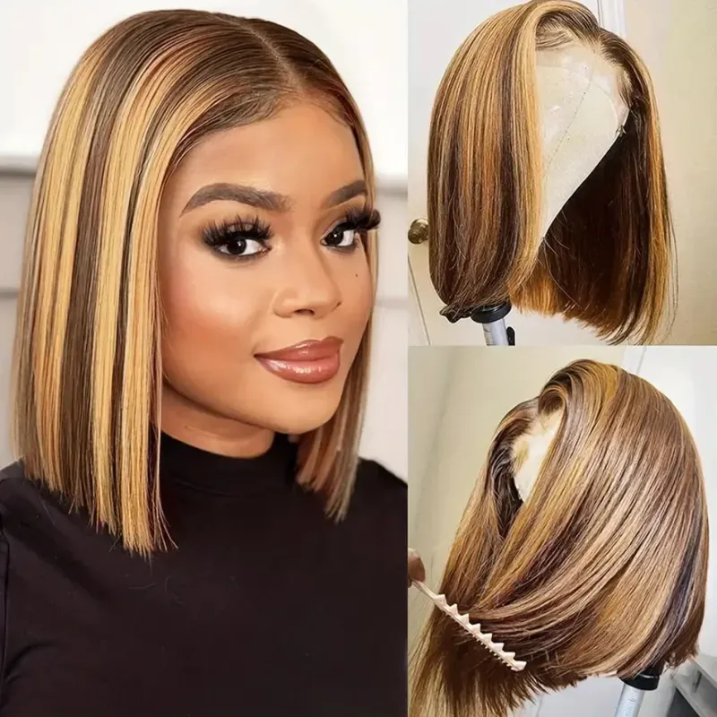 Glatte 4/27 Farbe Bob Lace Highlight Echthaarperücken_voghion.com