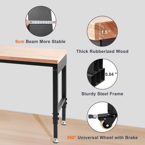 Adjustable Workbench, 72' L X 25' W Garage Worktable With Universal Wheels, 28-39.5' Heights & 3000 LBS Load Capacity, With Power Outlets &_voghion.com