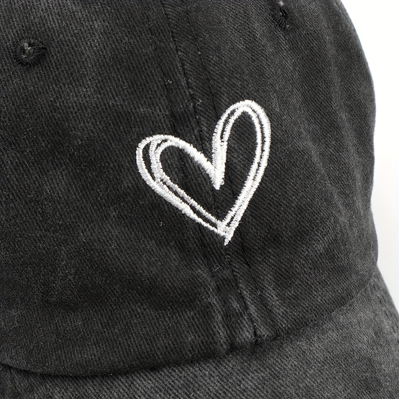 Washed Vintage Simple Baseball Cap Heart Embroidered Dad Hat Curved Brim Adjustable Sun Hats_voghion.com