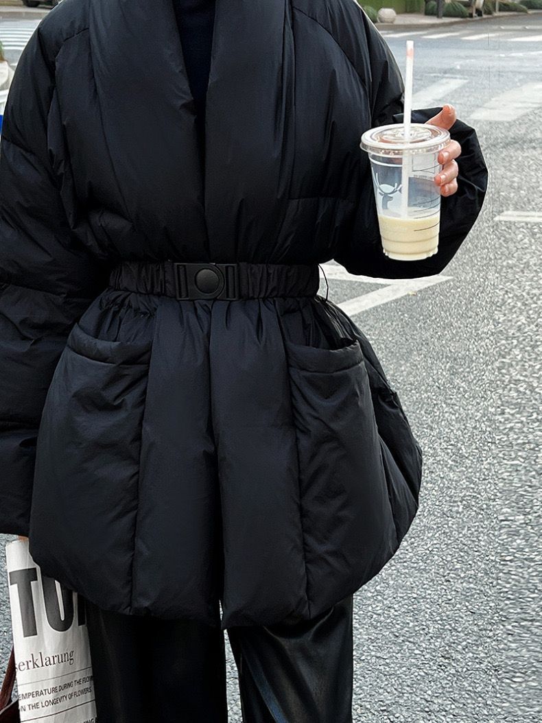 Giacca in piumino attillata per donna, lunghezza media, nuova versione coreana invernale, vestibilità ampia, snellente, colore bianco anatra_voghion.com