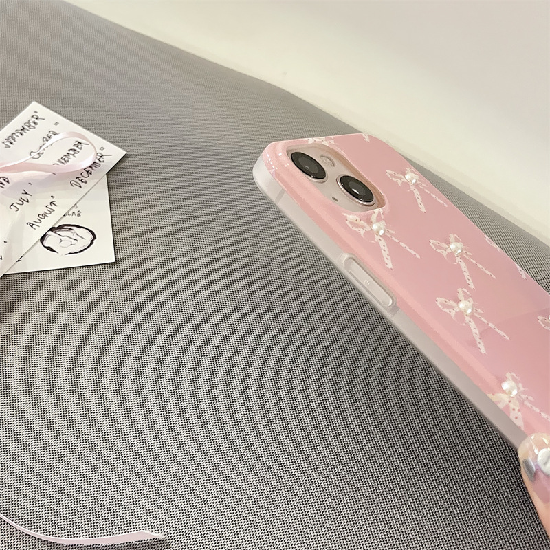 Custodia per telefono con fiocco rosa perla per ragazza, adatta per iPhone 15 Promax 13, 11, 3D, 12, 14._voghion.com