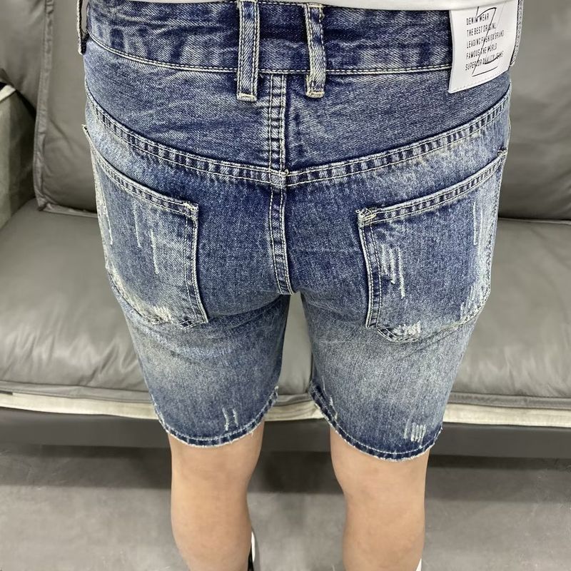 Vintage Light Blue Labeled Men's Denim Shorts - Slim Fit Stretch Summer Casual Shorts With Distressed Wash_voghion.com