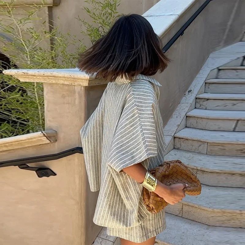 Ensemble 2 pièces à rayures et revers pour femme, haut taille haute plissé à manches longues et simple boutonnage, tenue d'été décontractée_voghion.com