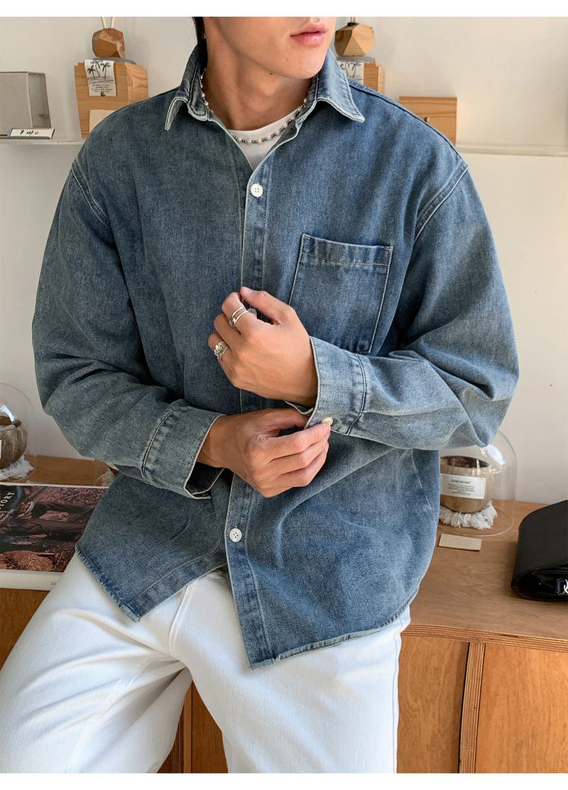 Vintage-Jeanshemd für Herren – Distressed Washed Oversized Chambray Work Shirt (M-XXL, Schwarz/Retro-Blau/Helle Waschung, Herbst-Casual-Essential)_voghion.com