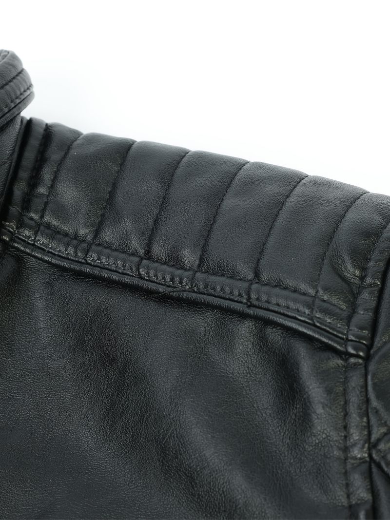 Men's Slim Fit PU Leather Biker Jacket With Multiple Zippers, Stand Collar, Winter Motorcycle Riding Jacket For Teens & Young Adults_voghion.com