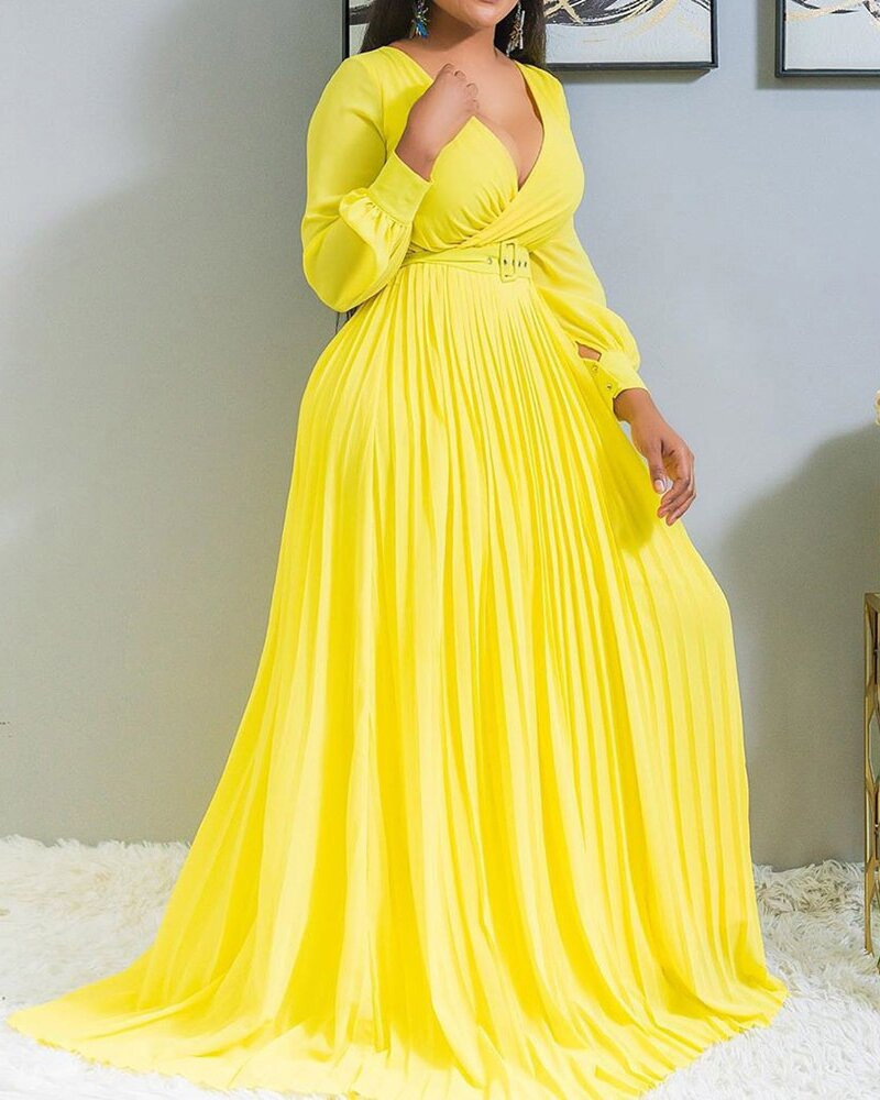 Women's Clothing Yellow High Waist Slim Solid Color Temperament Retro Chiffon Long Sleeve Long Dress (With Belt)_voghion.com