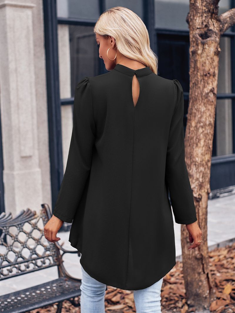 Abbigliamento da donna, camicia in due pezzi finta a maniche lunghe, tinta unita, collo semi-alto, casual, da donna_voghion.com